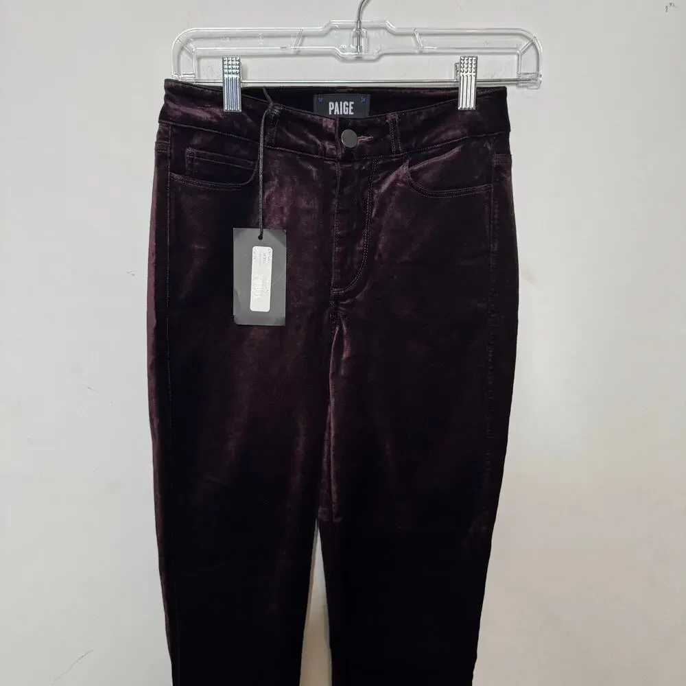 PAIGE Hoxton Ankle Velvet Pants‎ Sz 24 Burgundy High Rise Skinny NWT